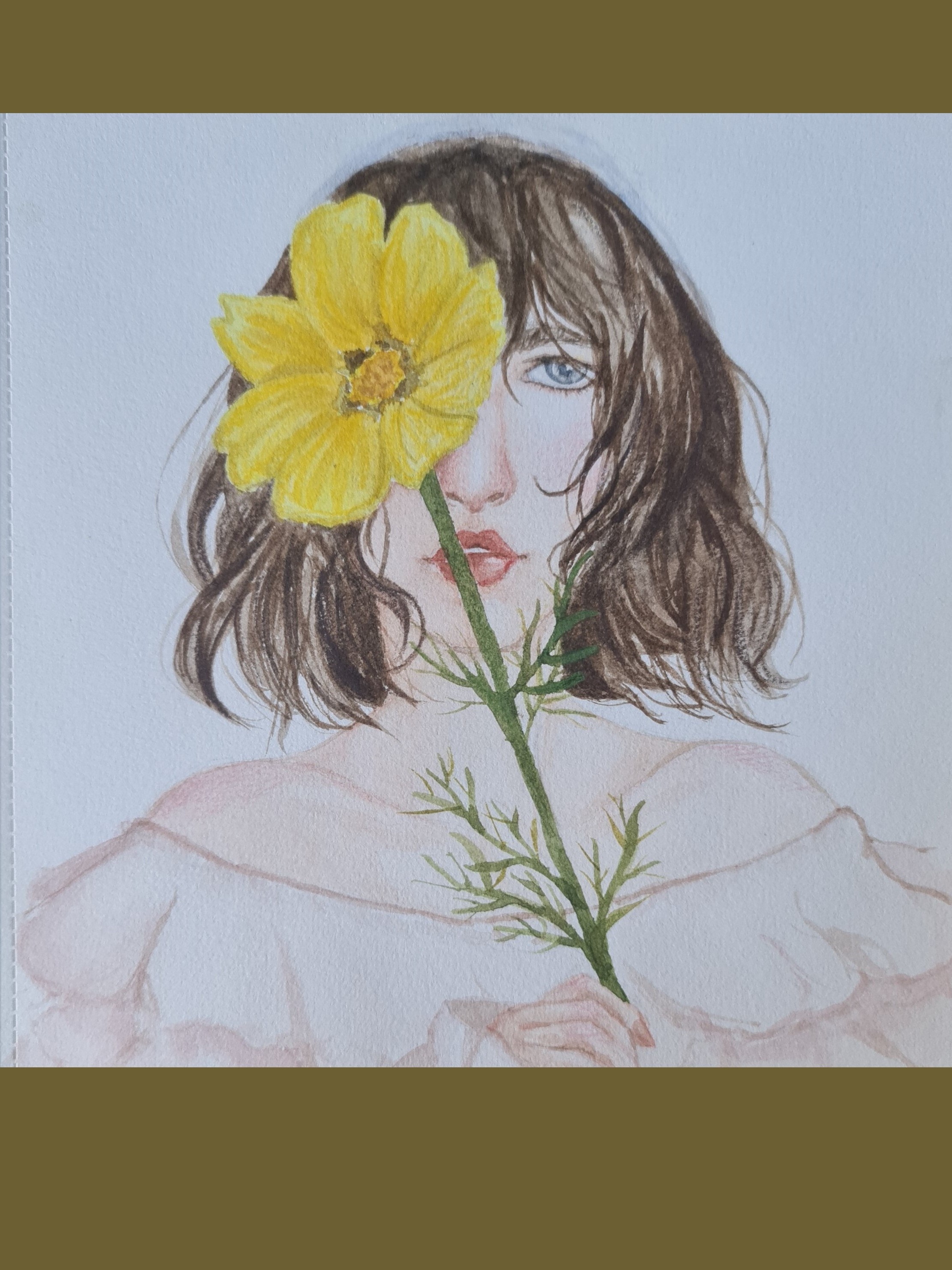 watercolor art flowers gray eyes girl